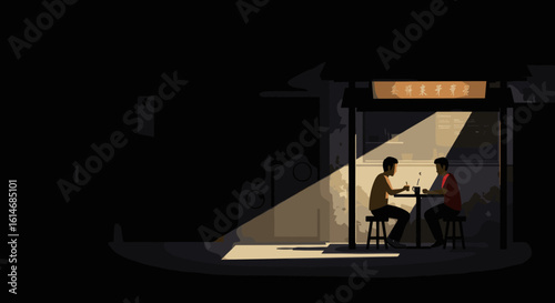 Two people sit and talk at a dimly lit kopi tiam (coffee shop), captured in a beam of light. This cinematic moment reflects daily life, simplicity, and human connection in Singaporean culture