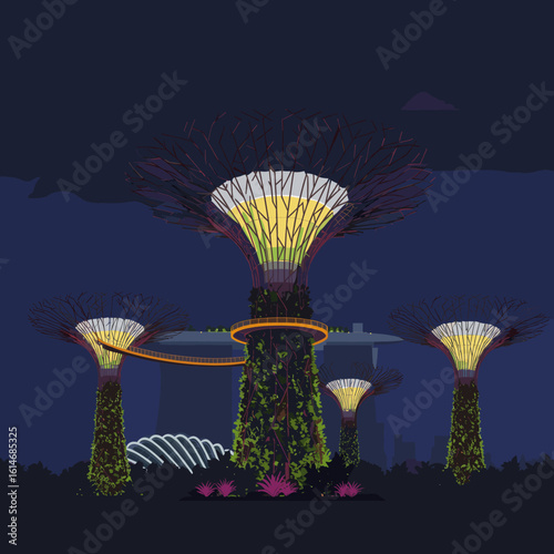 he iconic Supertrees of Singapore glow brightly in the night, symbolizing innovation, sustainability, and futuristic architecture in the heart of the city.