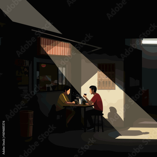Two people sit and talk at a dimly lit kopi tiam (coffee shop), captured in a beam of light. This cinematic moment reflects daily life, simplicity, and human connection in Singaporean culture