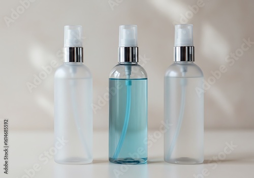 Professional product shot of clear cylindrical spray bottles, emphasizing their clean aesthetic.

