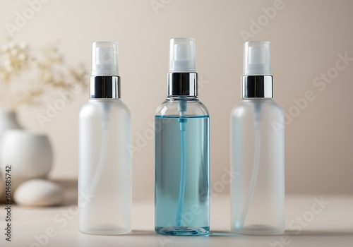 Packaging design: three transparent mist spray bottles, highlighting their versatile and elegant form.

