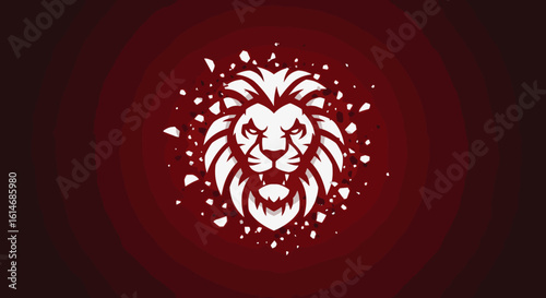 A roaring lion’s head explodes into shards on a deep red background, representing strength, defiance, transformation, and national identity for Singapore.
