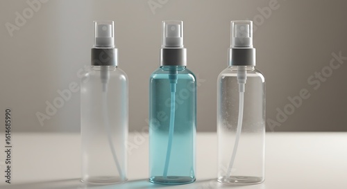 Sleek transparent spray bottles in a minimalist setting, ideal for cosmetic product display.

