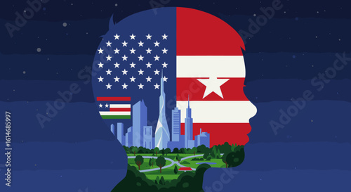 A silhouette of a person contains both the U.S. and Singapore flags overlaying a cityscape, symbolizing international relations, multicultural identity, and visionary thinking.