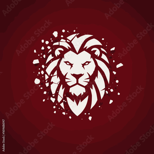 A roaring lion’s head explodes into shards on a deep red background, representing strength, defiance, transformation, and national identity for Singapore.