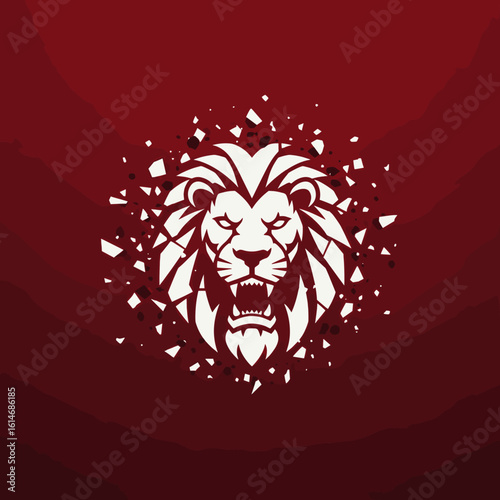A roaring lion’s head explodes into shards on a deep red background, representing strength, defiance, transformation, and national identity for Singapore.