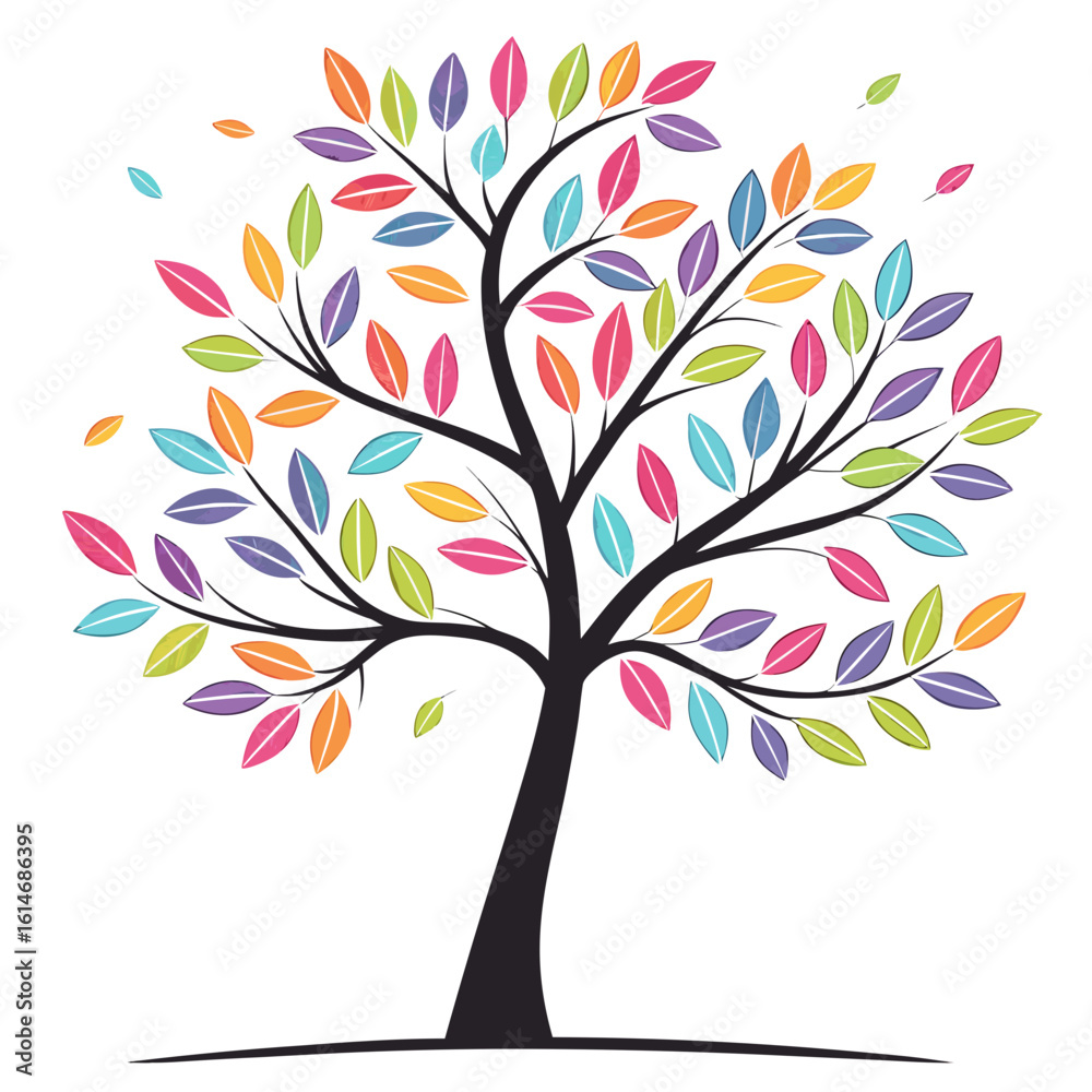 Naklejka premium Colorful Leaf Tree Illustration on Black Background Representing Growth Vitality and the Beauty of Nature