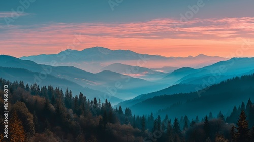 Fototapeta Naklejka Na Ścianę i Meble -  Serene mountain sunset with successive ridges of evergreen forests and pale blue peaks, tangerine coral sky gradient, warm light filtering through spruce trees