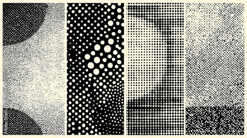 Abstract collage of textures and patterns with dots and grid shapes