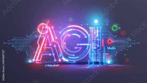AGI logo. Artificial general intelligence. Abstract technology conceptual background with AGI letters. AGI text consist at pcb, electronic signals, text of code programs, computer languages.