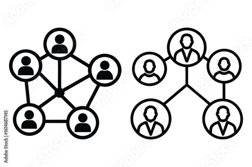 Black and white icons of people connected in networks connection group