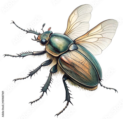 A beautifully detailed close up of a beetle with vibrant colors, showcasing its shiny exoskeleton and intricate body design