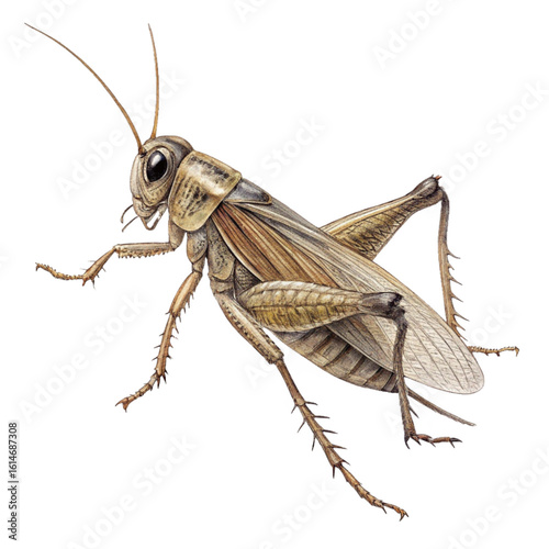 A close up illustration of a grasshopper, featuring its long legs and detailed body with a strong focus on its texture and realism