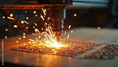 Laser engraver cuts intricate design on wooden surface. Bright orange light emanates from machine. CNC technology precise, efficient, fast. Wood engraved shows texture, surface detail, light, shadow