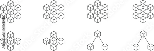 Different cube network structure with connected lines on transparent background