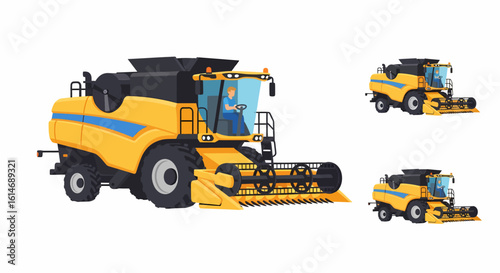 A detailed illustration of a large yellow combine harvester with a farmer in the cab, isolated on a white background.