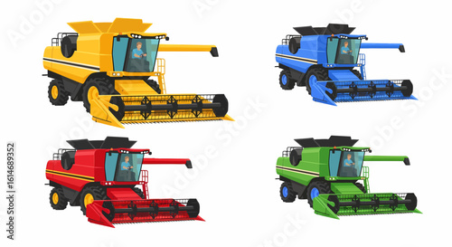 A set of four colorful agricultural combine harvesters in yellow, blue, red, and green, shown as isolated vector illustrations.
