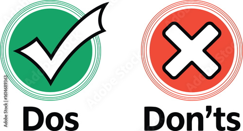 Dos and Don'ts Concept, Green Check Mark Icon and Red Cross Symbol Flat Design