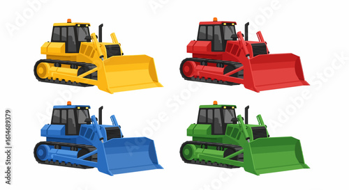 Four bulldozers in yellow, red, blue, and green, shown in profile view against a white background.