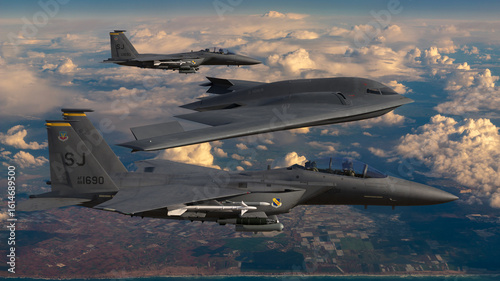 Bild auf Leinwand B-2 Spirit bomber escorted by an F-15