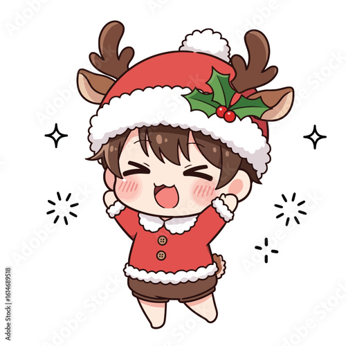 A cute anime boy in a festive red reindeer costume and Santa hat, jumping with excitement.