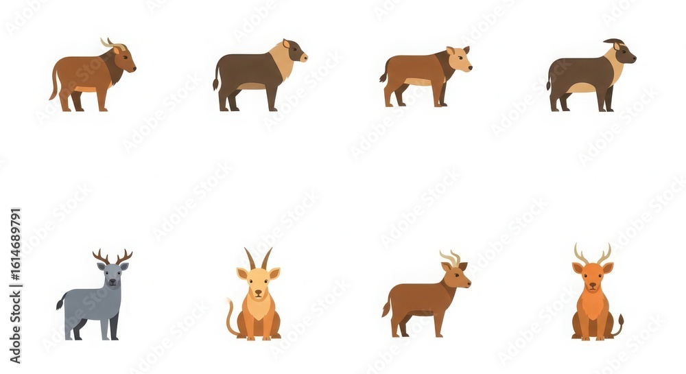 Fototapeta Collection of diverse farm animals and antelopes depicted in a stylized silhouette illustration