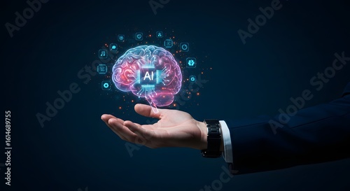AI Brain in Hand: Artificial Intelligence Concept, Futuristic Tech