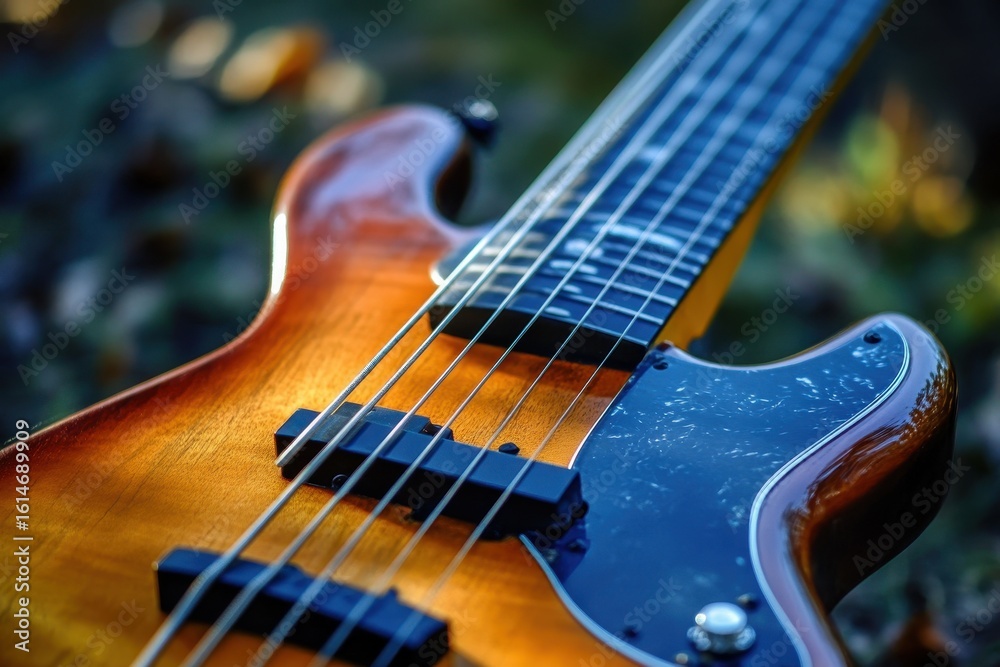 Naklejka premium Beautiful close-up of a beautifully crafted electric guitar in natural light outdoors, Thumping Bass Speakers Wall