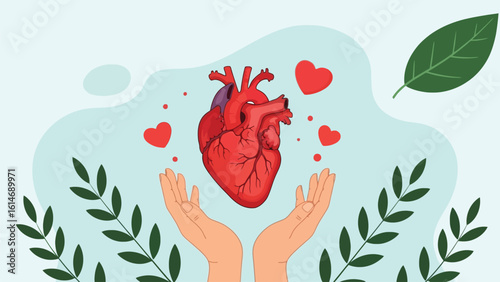 Illustration depicting a human heart held in cupped hands, surrounded by hearts and foliage, promoting health and care.