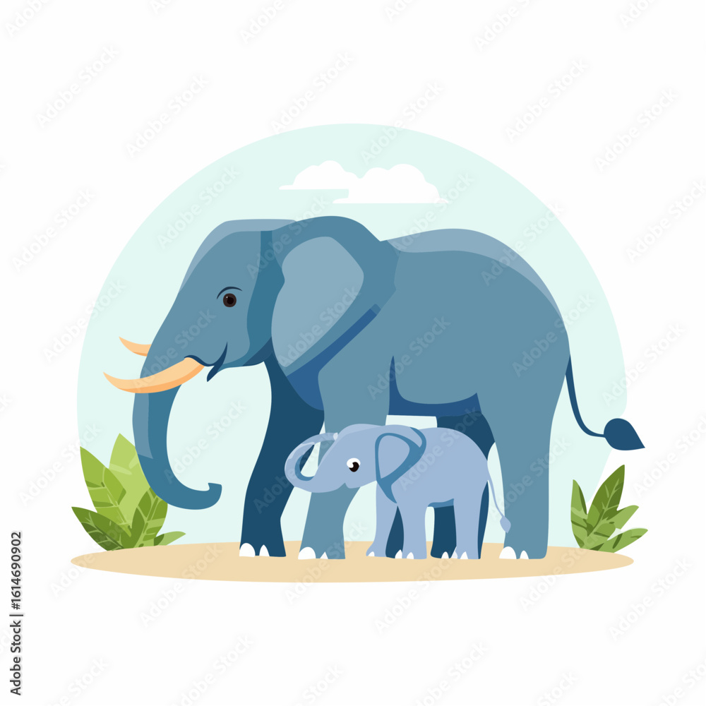 Naklejka premium Elephant and calf, flat vector illustration of gentle giants from savanna habitat. Cartoon design with trunk pose, ideal for children nature prints