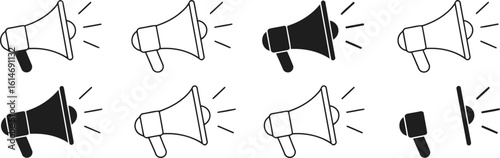 Loudspeaker Icons Black and White Megaphones, Isolated Sound Communication Symbols