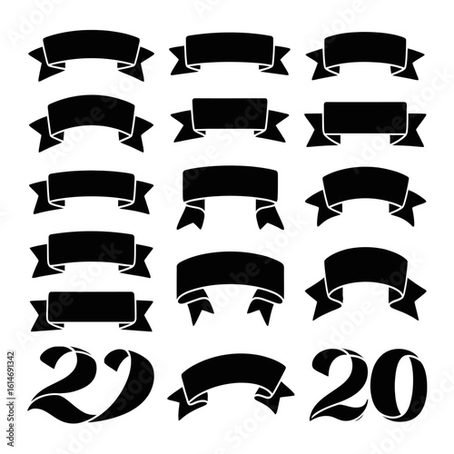 A collection of black silhouette ribbon banners and stylized numbers. Flat graphic illustration set for design.