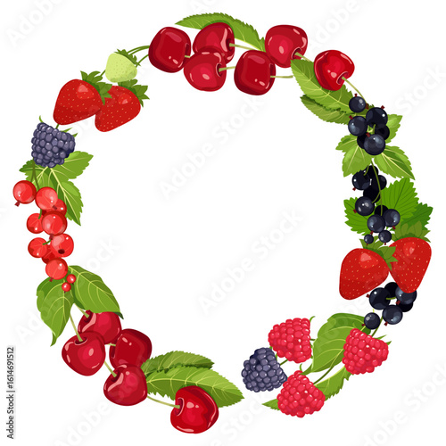 Wreath of juicy cherry berries, strawberry, raspberry, currant and bramble on a white isolated background.