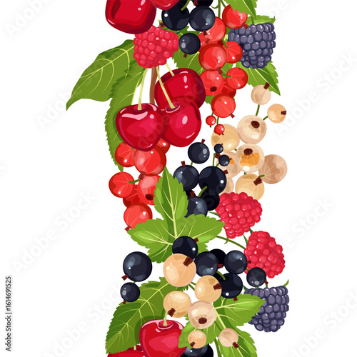 Seamless print of cherry, dewberry, raspberry, currant . Vector illustration for the design of menus, recipes, textile and food packages. Vertical.