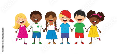 A cheerful group of diverse children holding hands and laughing together in friendship