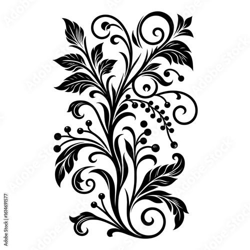 Ornate floral scroll design element with swirling vines, leaves, and berries, isolated on white