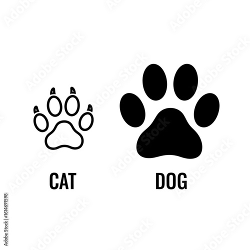 A clean graphic icon set of cat and dog paw prints, line and solid style