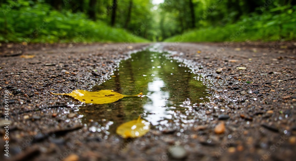 Fototapeta premium Golden Leaf Floats on Forest Path Puddle After Rain, Reflecting Lush Greenery