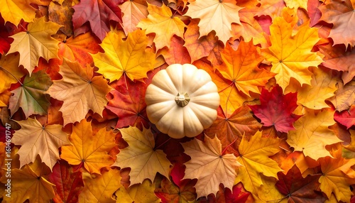 A small, pale pumpkin rests on a bed of vibrant autumn leaves