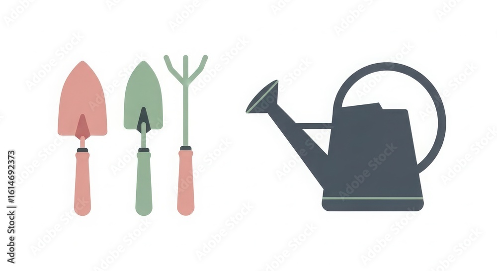 Obraz premium Gardening tools silhouette a trowel spade rake and watering can for planting and cultivating plants