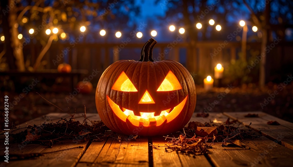 Fototapeta premium Halloween pumpkin on wooden table at night