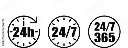 Round Clock Symbol Set Representing Service Availability and Support on Transparent Background