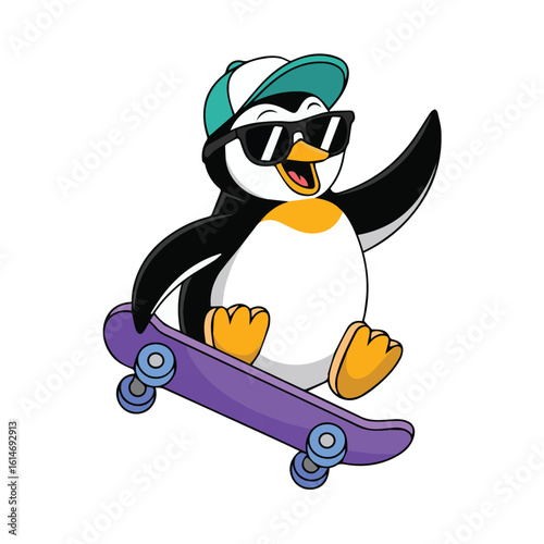 A cartoon penguin with sunglasses and a cap riding a purple skateboard with a cheerful expression