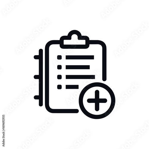 Clipboard with checklist and plus sign line art icon