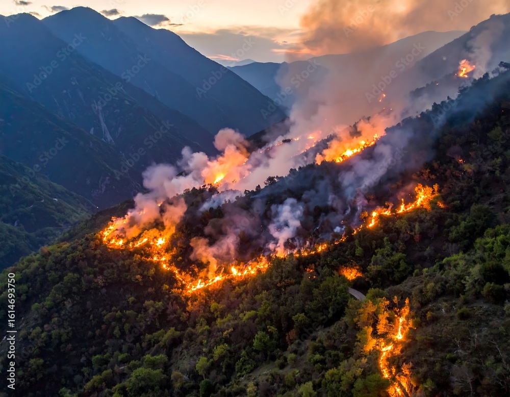 Fototapeta premium Forest fire at sunset