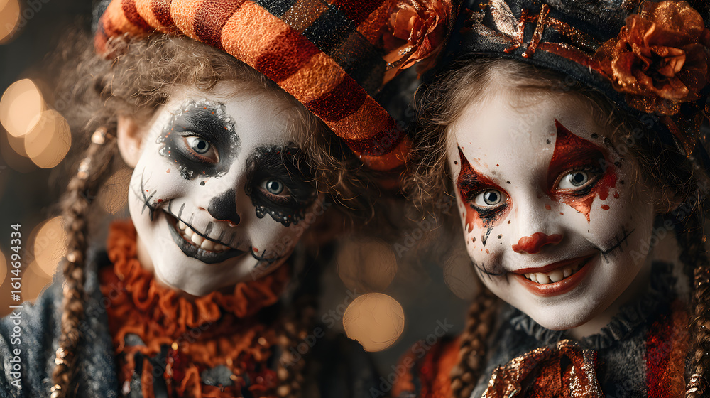 Festive banner with halloween party. Happy smiling kids with scary with makeup and wearing carnival costume on shiny colorful bokeh background. Postcard with copy space. Generative AI