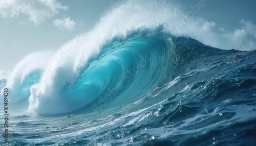 Majestic ocean waves frozen in time, sculpted like glass, showcase nature raw power. Turquoise water curls into barrels under a dramatic sky, hinting at immense force and a stormy environment.