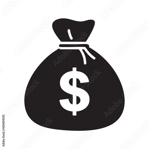 Black and white icon of a money bag with a dollar sign currency finance