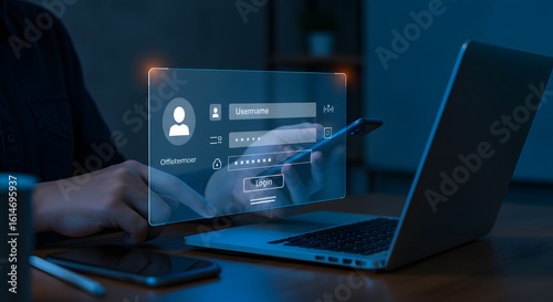 Online Account Login: User entering username and password on a smartphone, laptop in background