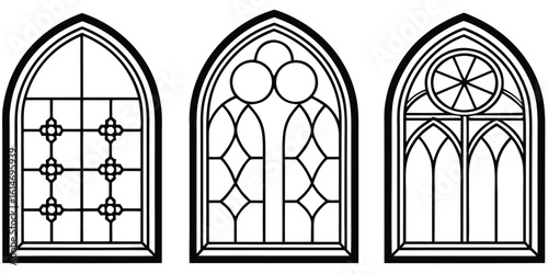 Three gothic arch windows with detailed stained glass patterns in black and white